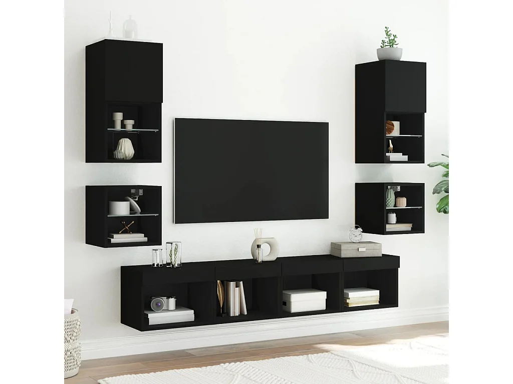 2er-Set Wand-Nachttische Nachtschrank mit LED-Leuchten Schwarz -RN12657