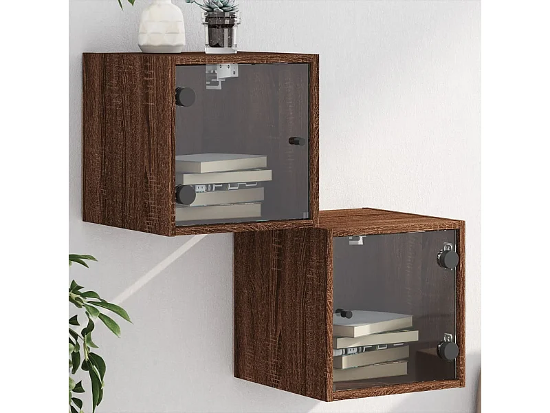 2er-Set Nachttische Nachtschrank mit Glastüren Braun Eichen-Optik 35x37x35 cm -RN97080