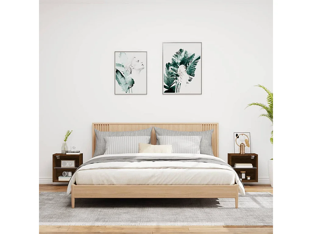 2er-Set Wand-Nachttische Nachtschrank mit LED-Leuchten Braun Eichen-Optik -RN73425