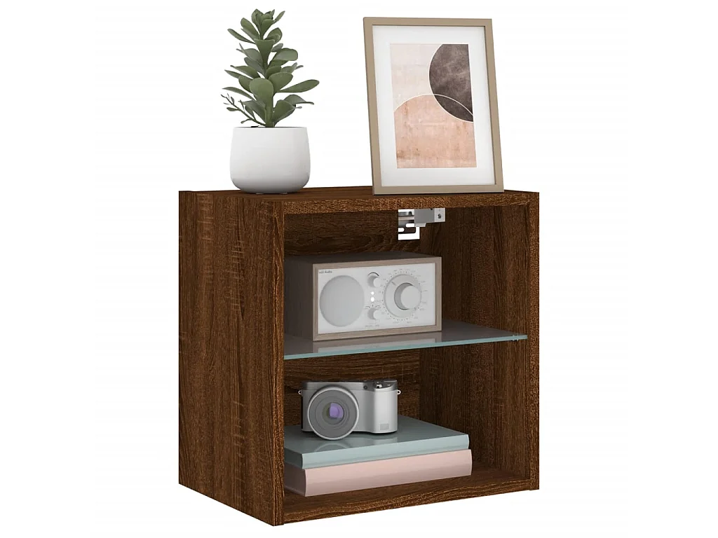 2er-Set Wand-Nachttische Nachtschrank mit LED-Leuchten Braun Eichen-Optik -RN73425