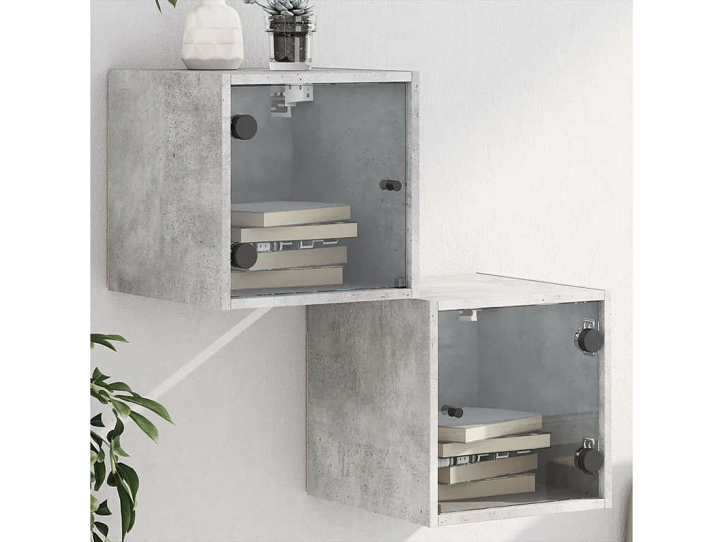 2er-Set Nachttische Nachtschrank mit Glastüren Betongrau 35x37x35 cm -RN48932