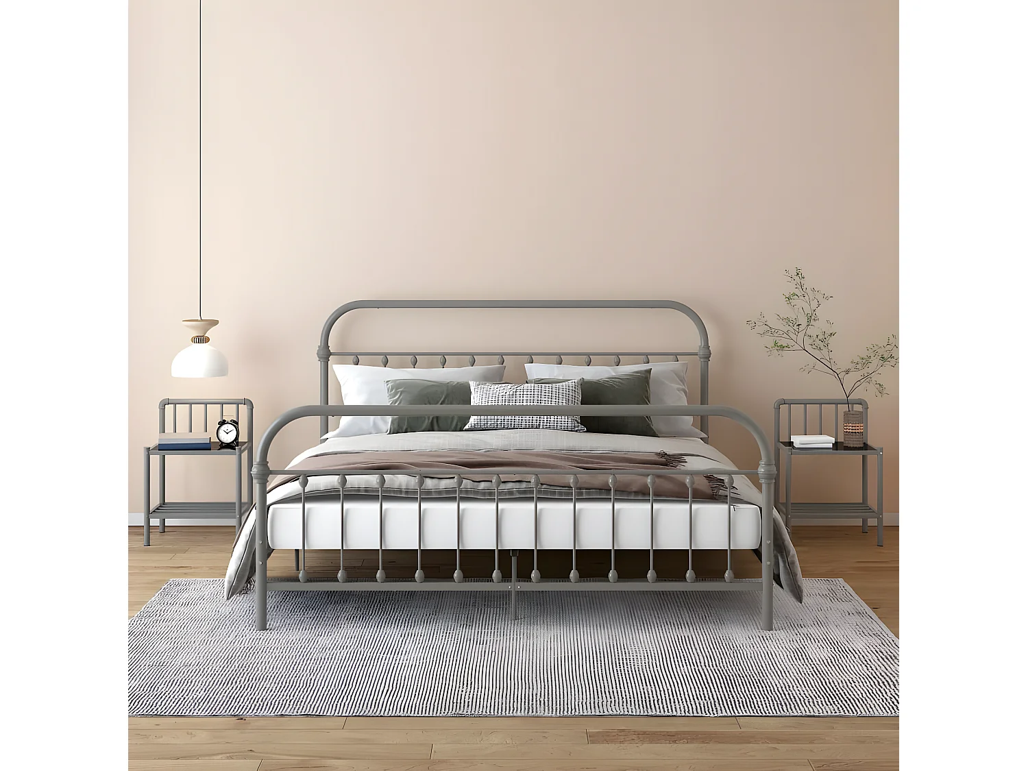 2er-Set Nachttische Nachtschrank Grau und Schwarz Metall und Glas -RN33365