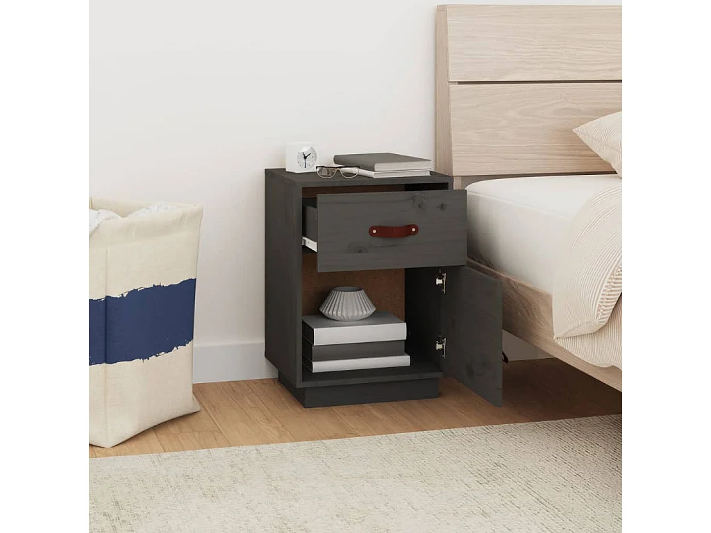 Nachttisch Grau Nachtschrank 40x34x55 cm Massivholz Kiefer -RN91869