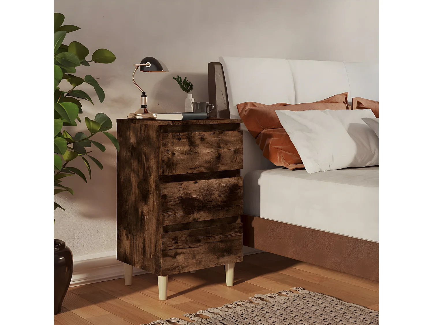 2er-Set Nachttische Nachtschrank Massivholz-Beine Räuchereiche 40x35x69 cm -RN25782