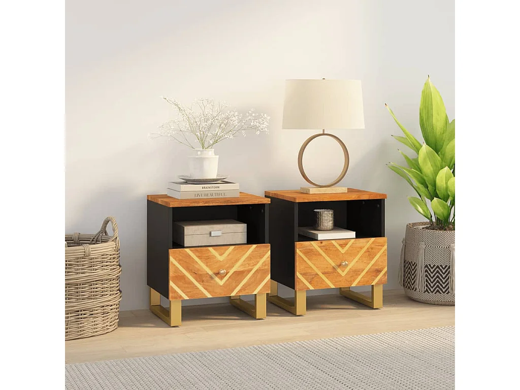 2er-Set Nachttische Nachtschrank Braun und Schwarz Massivholz Mango -RN34520