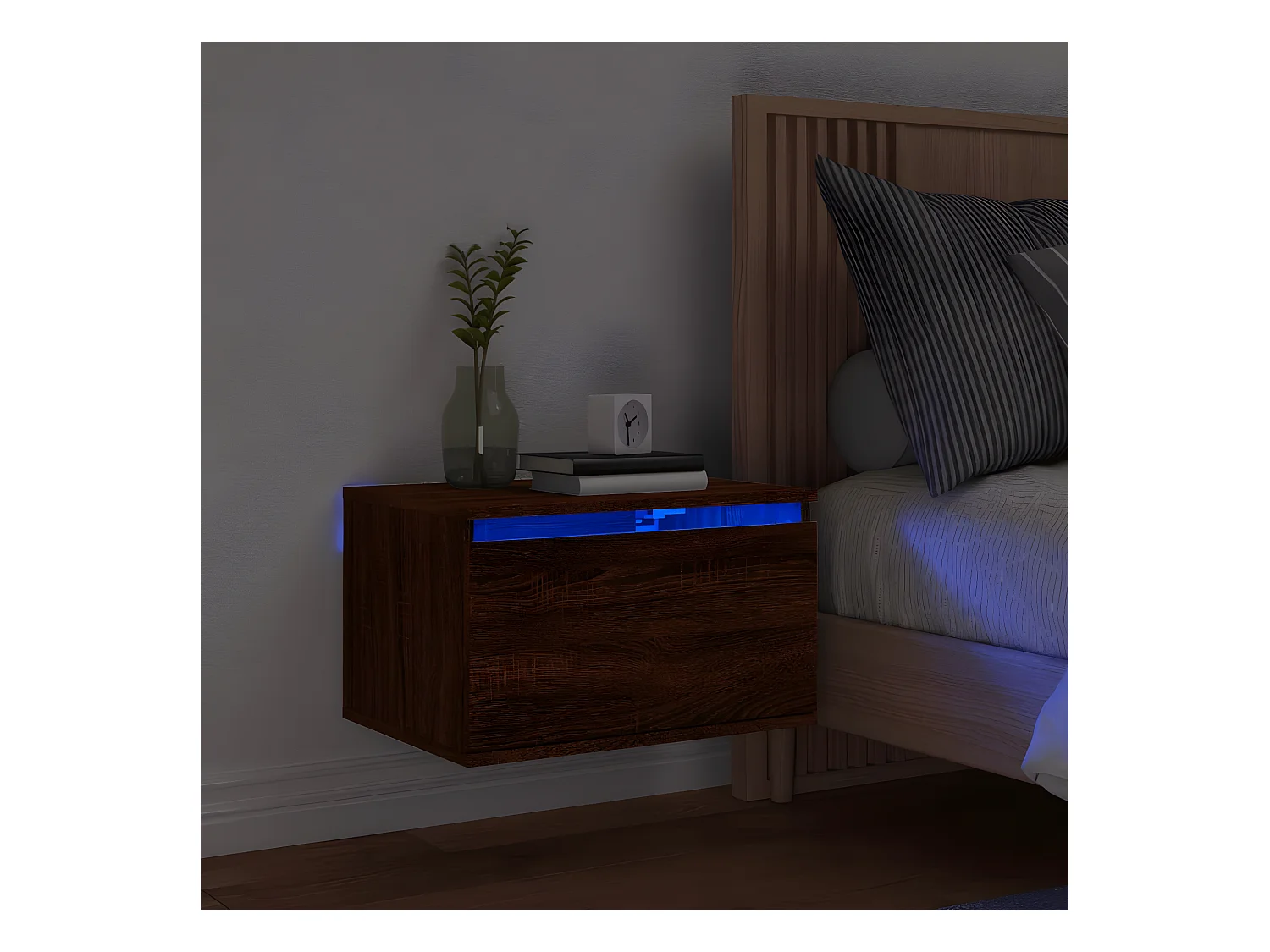 Wand-Nachttisch Nachtschrank mit LED-Leuchten Braun Eichen-Optik -RN46853
