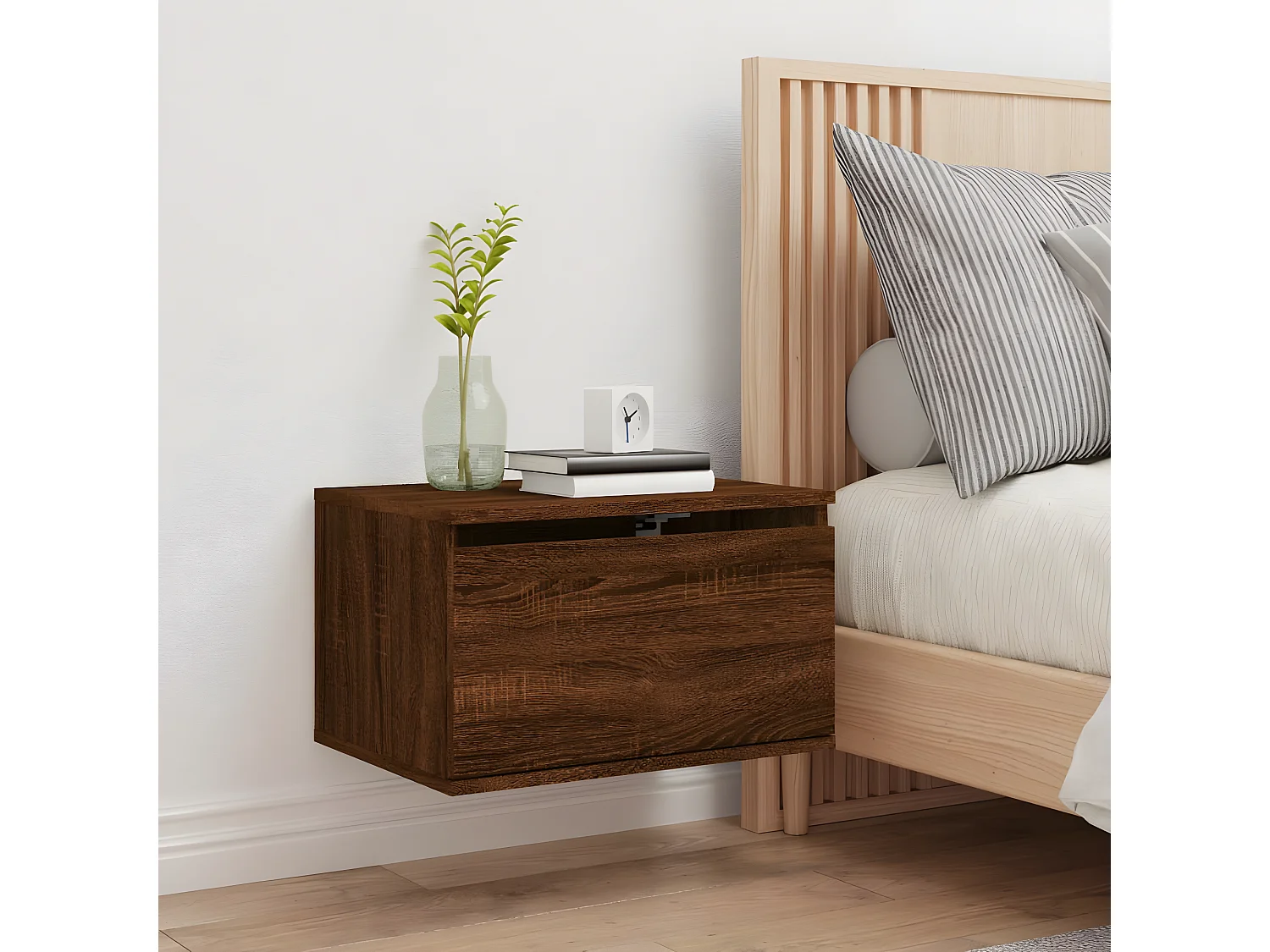 Wand-Nachttisch Nachtschrank mit LED-Leuchten Braun Eichen-Optik -RN46853