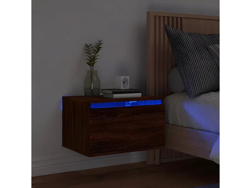 Wand-Nachttisch Nachtschrank mit LED-Leuchten Braun Eichen-Optik -RN46853