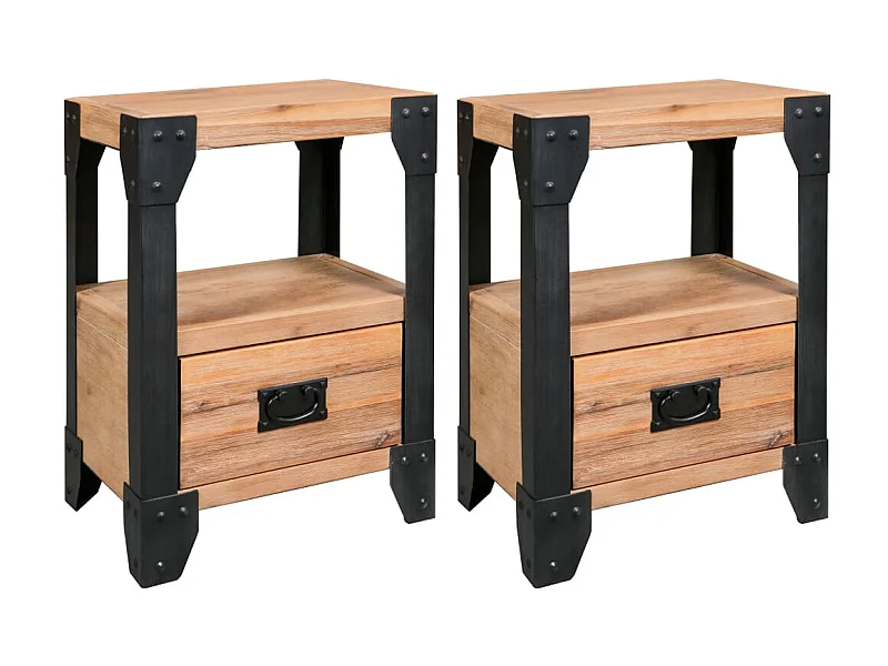 2er-Set Nachttische Nachtschrank Akazienholz Massiv Stahl 40 x 30 x 54 cm -RN76199