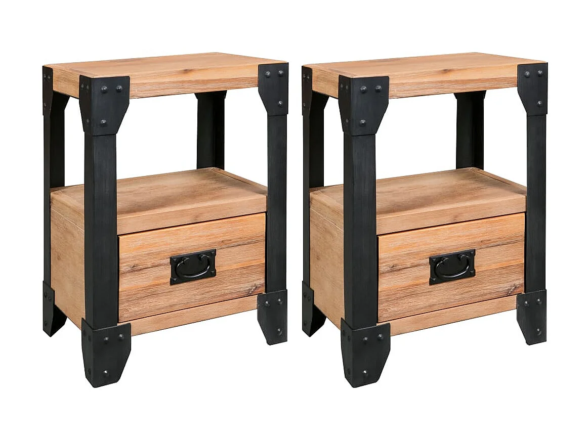 2er-Set Nachttische Nachtschrank Akazienholz Massiv Stahl 40 x 30 x 54 cm -RN76199