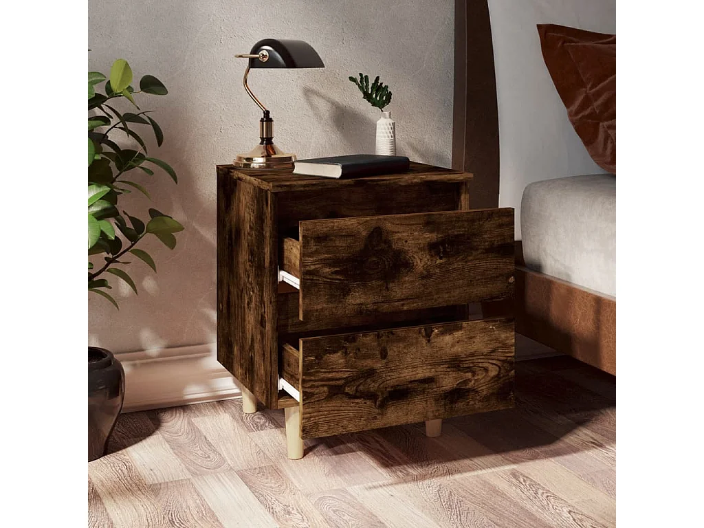 Nachttisch Nachtschrank mit Massivholz-Beinen Räuchereiche 40x35x50 cm -RN61926