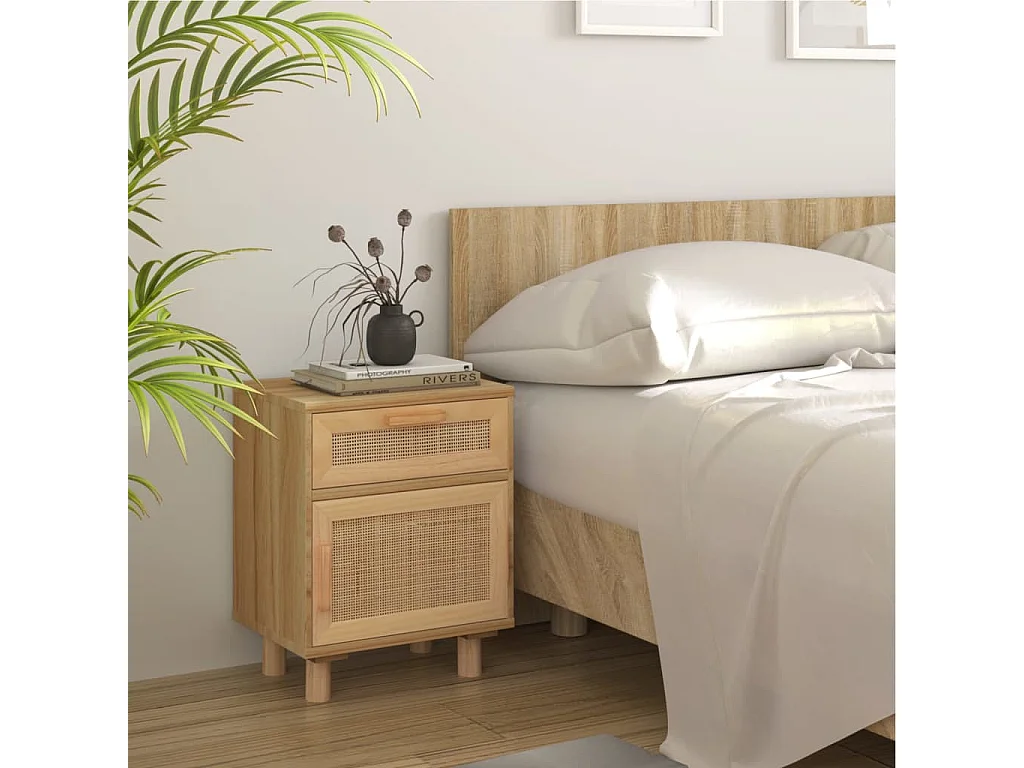 2er-Set Nachttische Nachtschrank Braun Massivholz Kiefer und Natur-Rattan -RN15795
