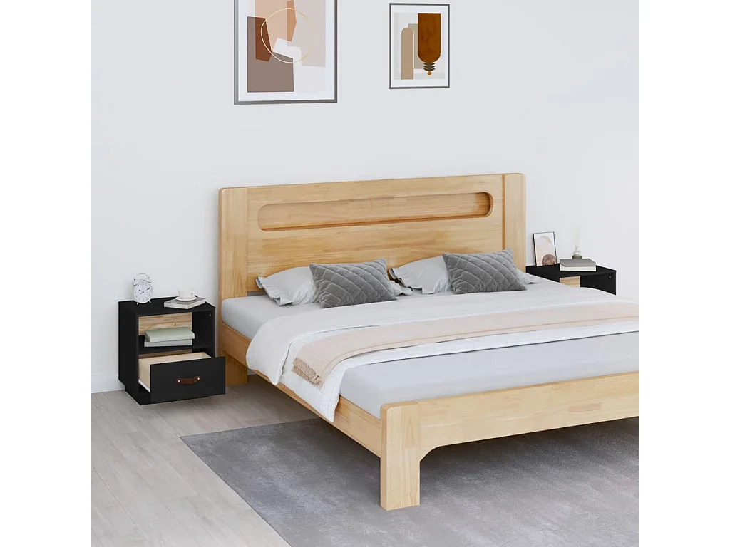 2er-Set Nachttische Nachtschrank Schwarz 40x34x45 cm Massivholz Kiefer -RN57401