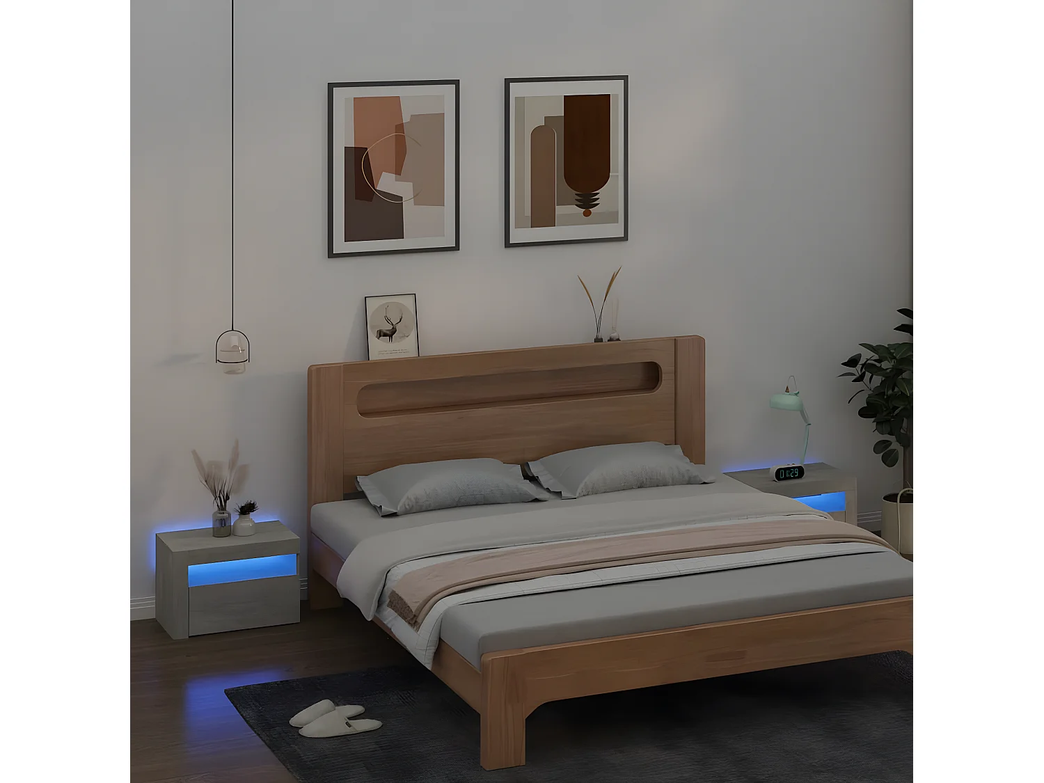 2er-Set Nachttische Nachtschrank mit LEDs Betongrau 60x35x40 cm -RN99397