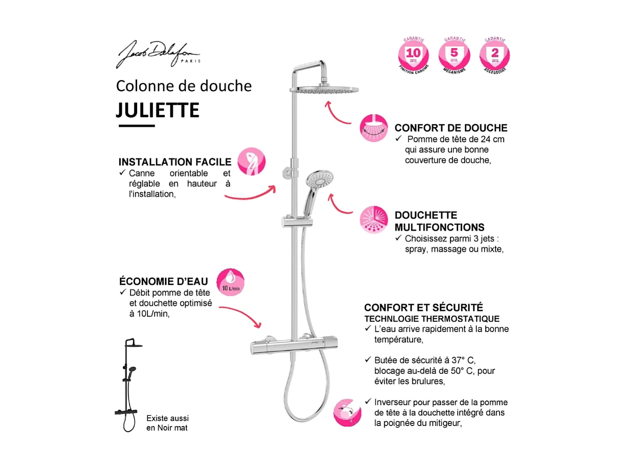 Colonne de douche thermostatique JACOB DELAFON Juliette chromé + tablette de douche