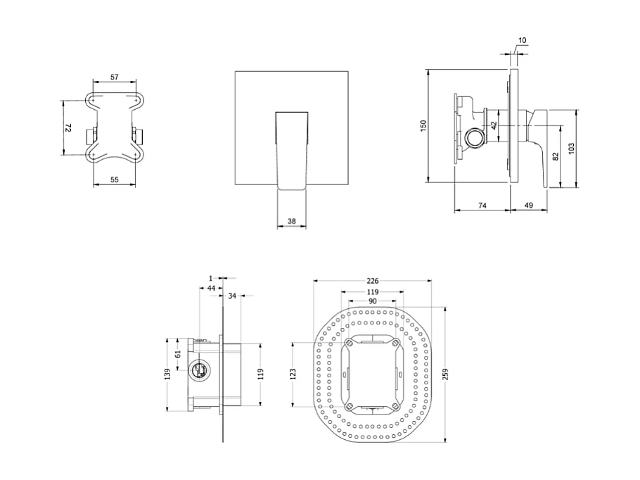 Façade mécanique VILLEROY ET BOCH Architectura Square Chrome + corps encastré