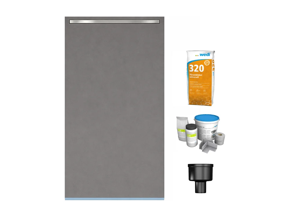 Receveur de douche à carreler 120 x 80 cm Wedi Fundo Riolito Neo + barrette de finition + bonde verticale + kit d'étanchéité + colle 320