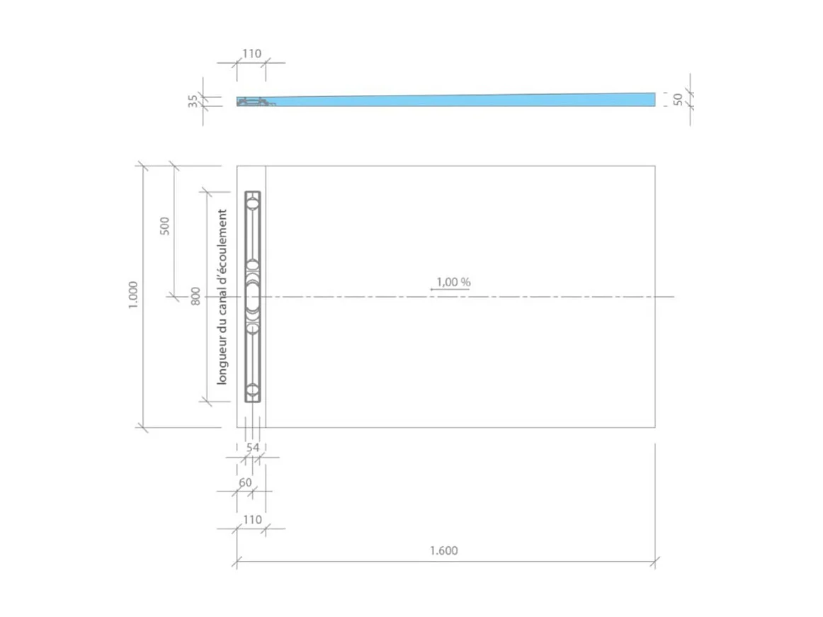 Receveur à carreler 160 x 100 cm Wedi Fundo Riolito Neo + barrette + bonde horizontale + kit d'étanchéité et colle 320