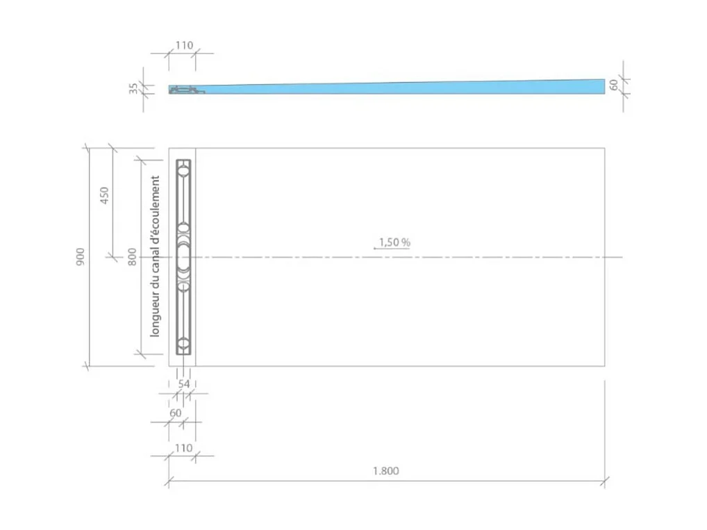 Receveur à carreler 180 x 90 cm Wedi Fundo Riolito Neo + barrette + bonde horizontale + kit d'étanchéité et colle 320