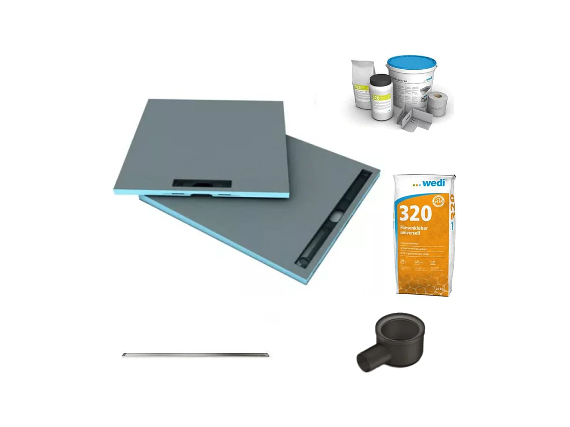 Receveur à carreler 180 x 90 cm Wedi Fundo Riolito Neo + barrette + bonde horizontale + kit d'étanchéité et colle 320