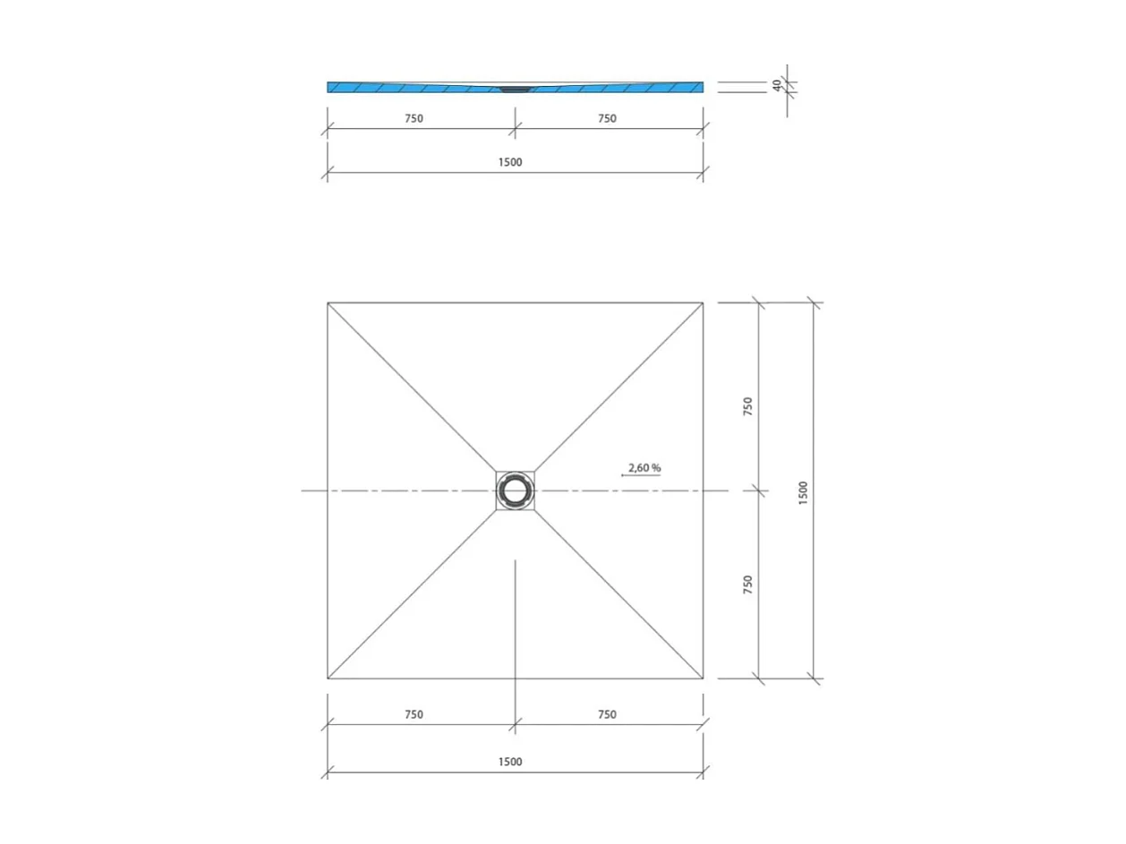 Receveur de douche à carreler 150 x 150 WEDI Fundo Primo carré écoulement centrée + bonde horizontale + kit d'étanchéité