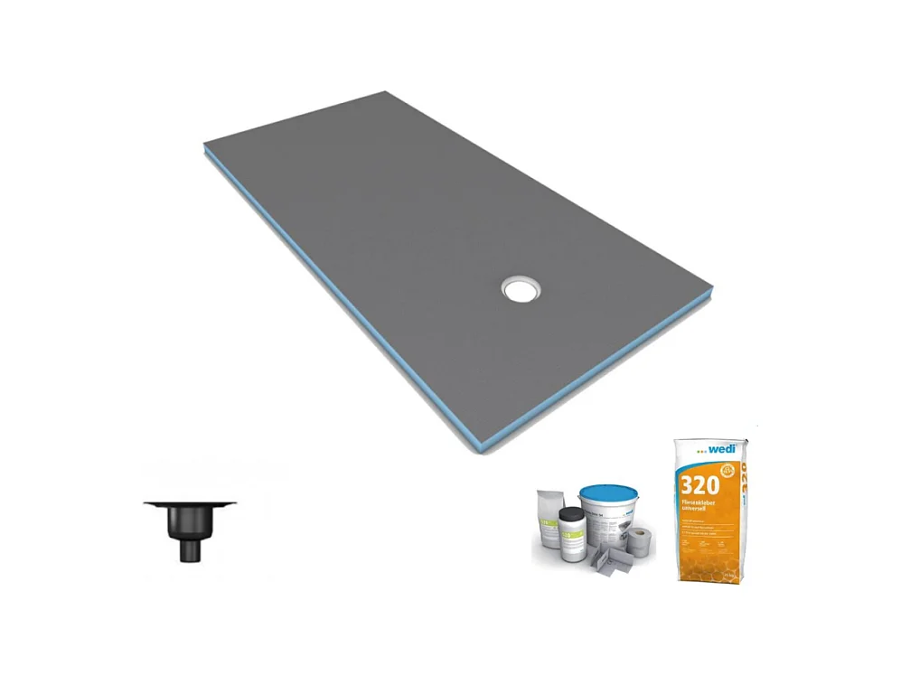 Receveur de douche à carreler 120 x 90 WEDI Fundo Primo écoulement excentré + bonde verticale + kit d'étanchéité + colle 320