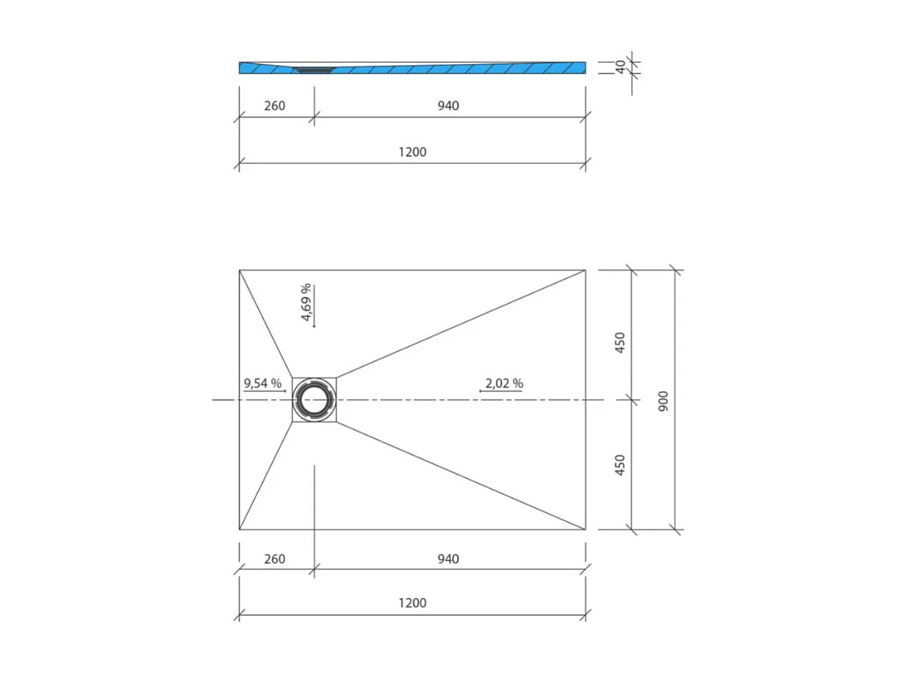 Receveur de douche à carreler 120 x 90 WEDI Fundo Primo rectangle écoulement excentré + bonde horizontale + kit d'étanchéité