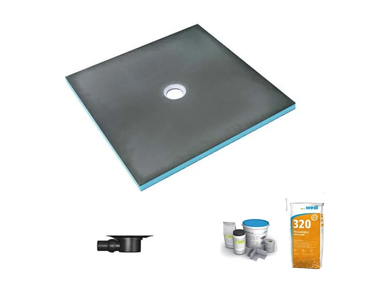 Receveur de douche à carreler 150 x 150 WEDI Fundo Primo écoulement centrée + bonde horizontale + kit d'étanchéité + colle 320