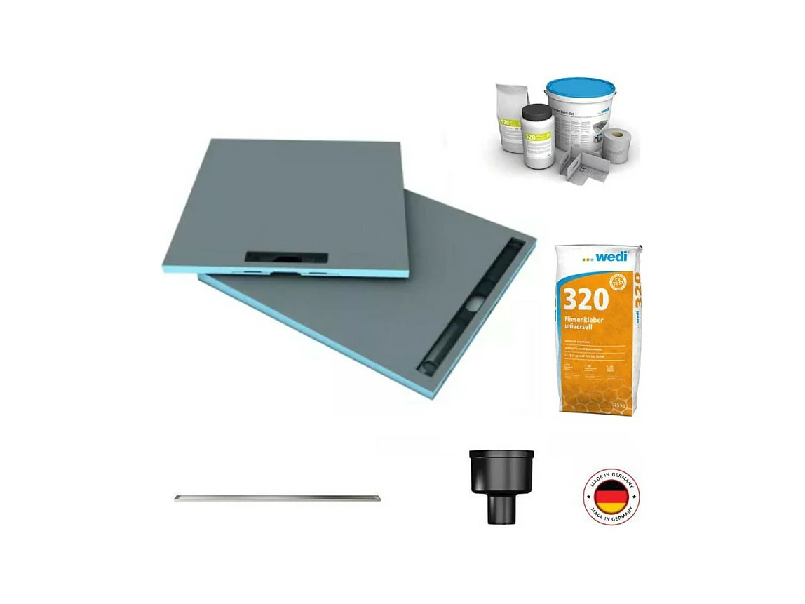 Receveur à carreler 160 x 100 cm Wedi Fundo Riolito Neo + barrette + bonde verticale + kit d'étanchéité et colle 320