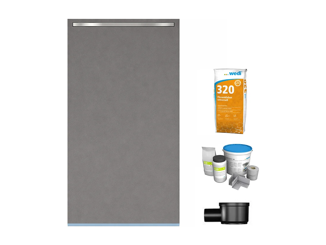 Receveur de douche à carreler 120 x 80 cm Wedi Fundo Riolito Neo + barrette de finition + bonde horizontale + kit d'étanchéité + colle 320