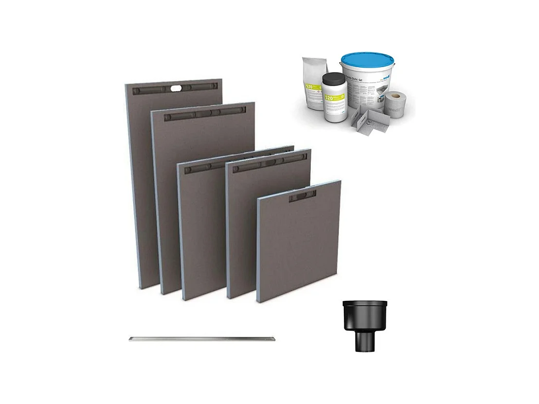 Receveur à carreler WEDI Fundo Riolito Neo + barrette de finition inox + bonde verticale + kit d'étanchéité 160 x 100 cm