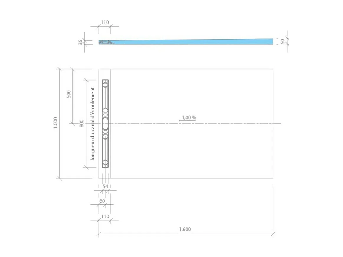 Receveur à carreler WEDI Fundo Riolito Neo + barrette de finition inox + bonde verticale + kit d'étanchéité 160 x 100 cm