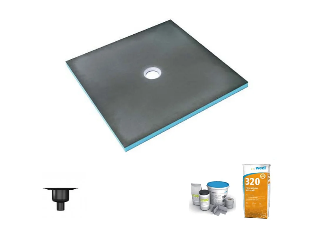 Receveur de douche à carreler 150 x 150 WEDI Fundo Primo carré écoulement centrée + bonde verticale + kit d'étanchéité + colle 320