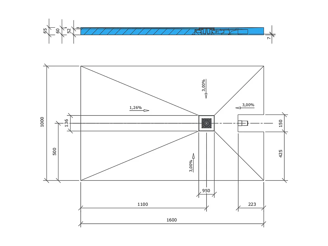 Receveur à carreler 160 x 100 cm WEDI Fundo Plano, bonde intégrée + Colle Wedi 320