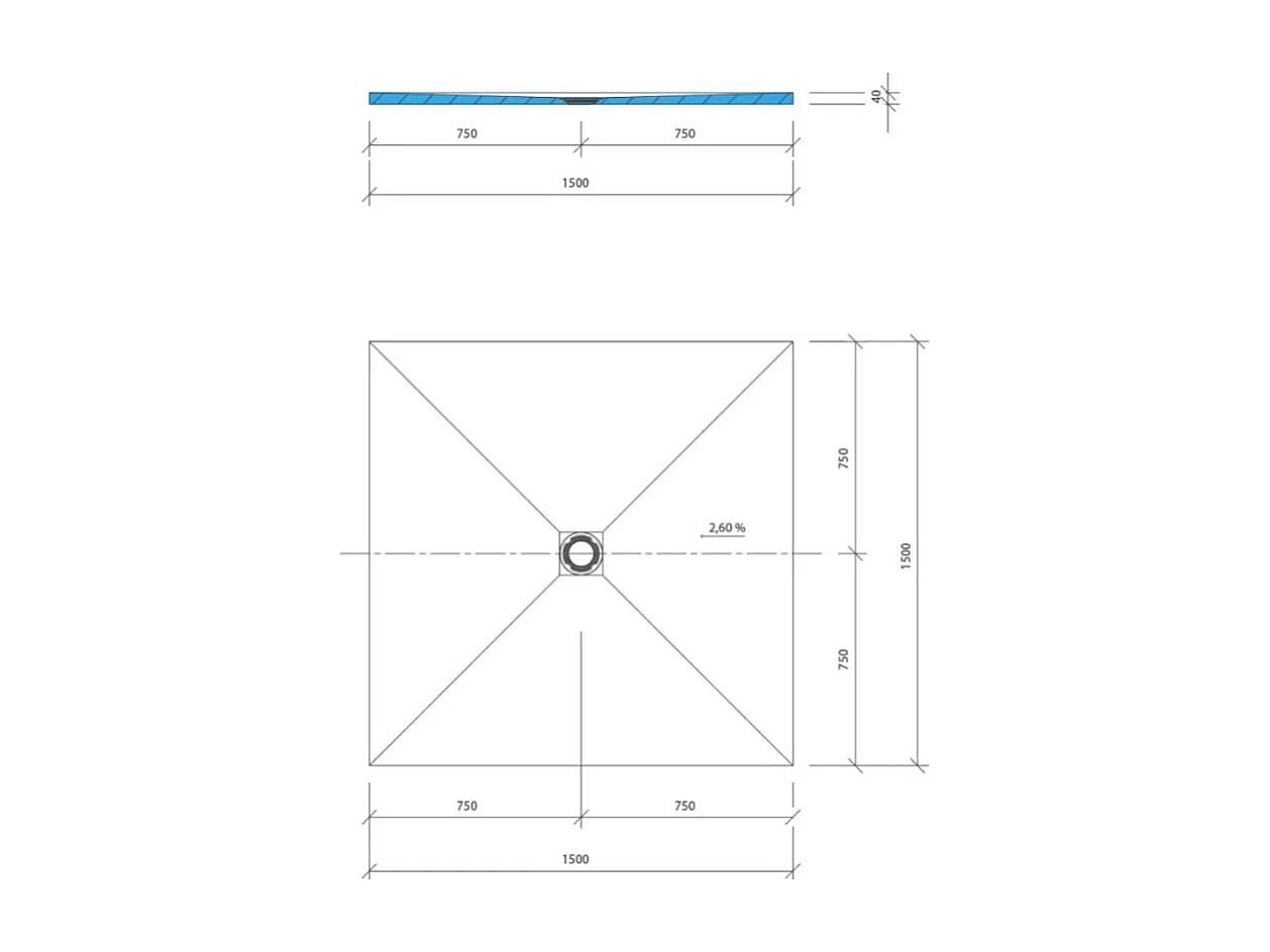 Receveur de douche à carreler 150 x 150 WEDI Fundo Primo carré écoulement centrée