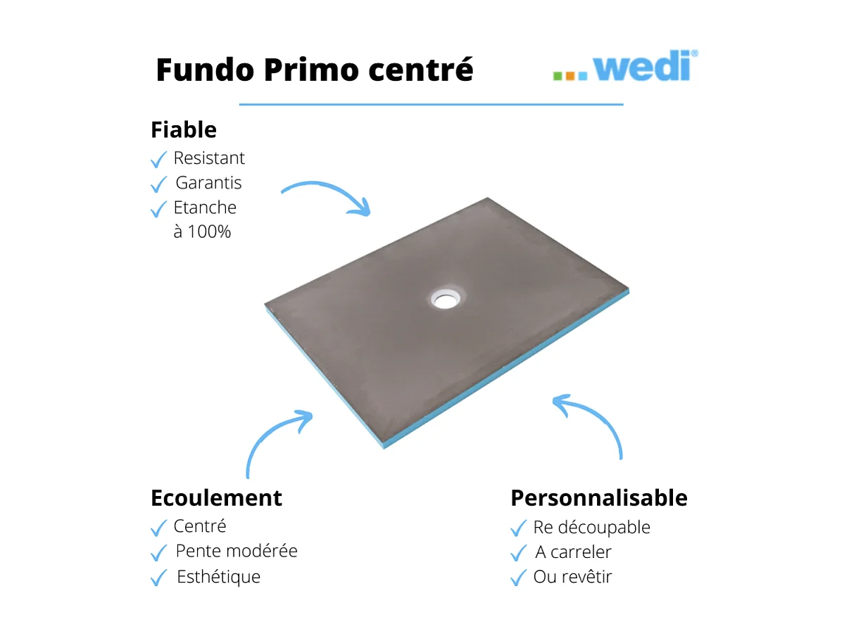 Receveur de douche à carreler 150 x 150 WEDI Fundo Primo carré écoulement centrée