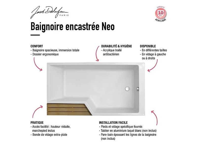 Pack baignoire bain douche 180 x 90 JACOB DELAFON Neo version gauche + pare bain chromé