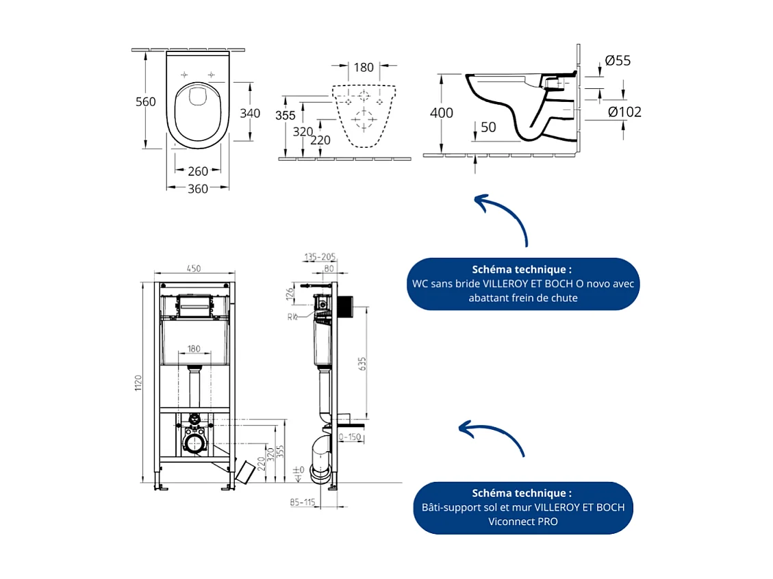 Pack WC sans bride VILLEROY ET BOCH O novo avec abattant frein de chute + bâti Viconnect PRO + plaque noir mat