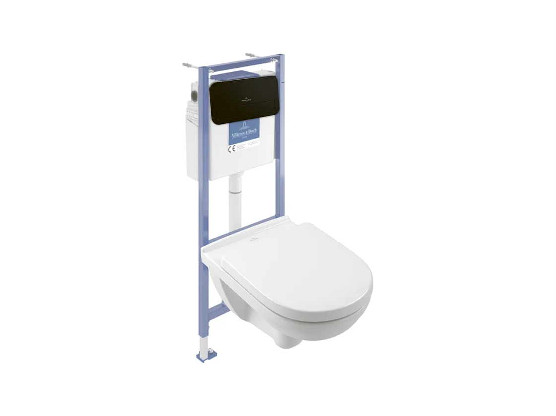 Pack WC sans bride VILLEROY ET BOCH O novo avec abattant frein de chute + bâti Viconnect PRO + plaque noir mat
