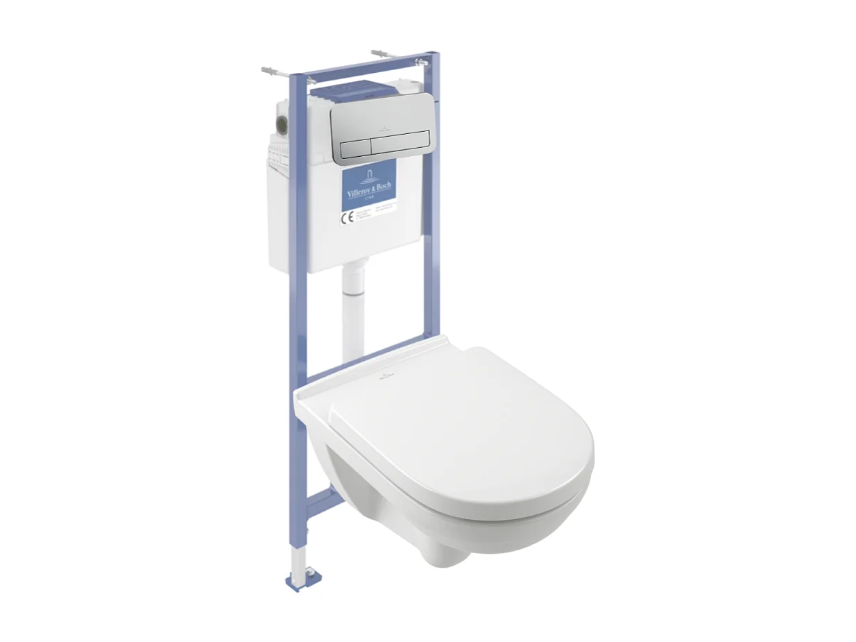 Pack WC sans bride VILLEROY ET BOCH O novo abattant frein de chute + bâti-support sol et mur Viconnect PRO + plaque Chromé mat