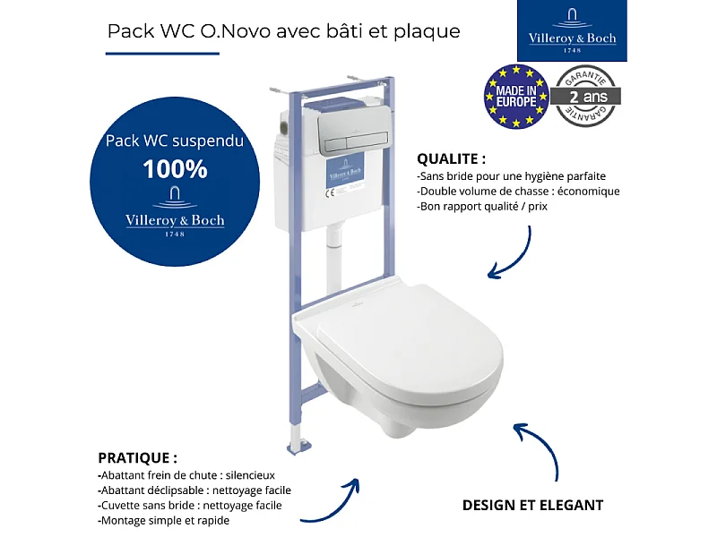 Pack WC sans bride VILLEROY ET BOCH O novo abattant frein de chute + bâti-support sol et mur Viconnect PRO + plaque Chromé mat