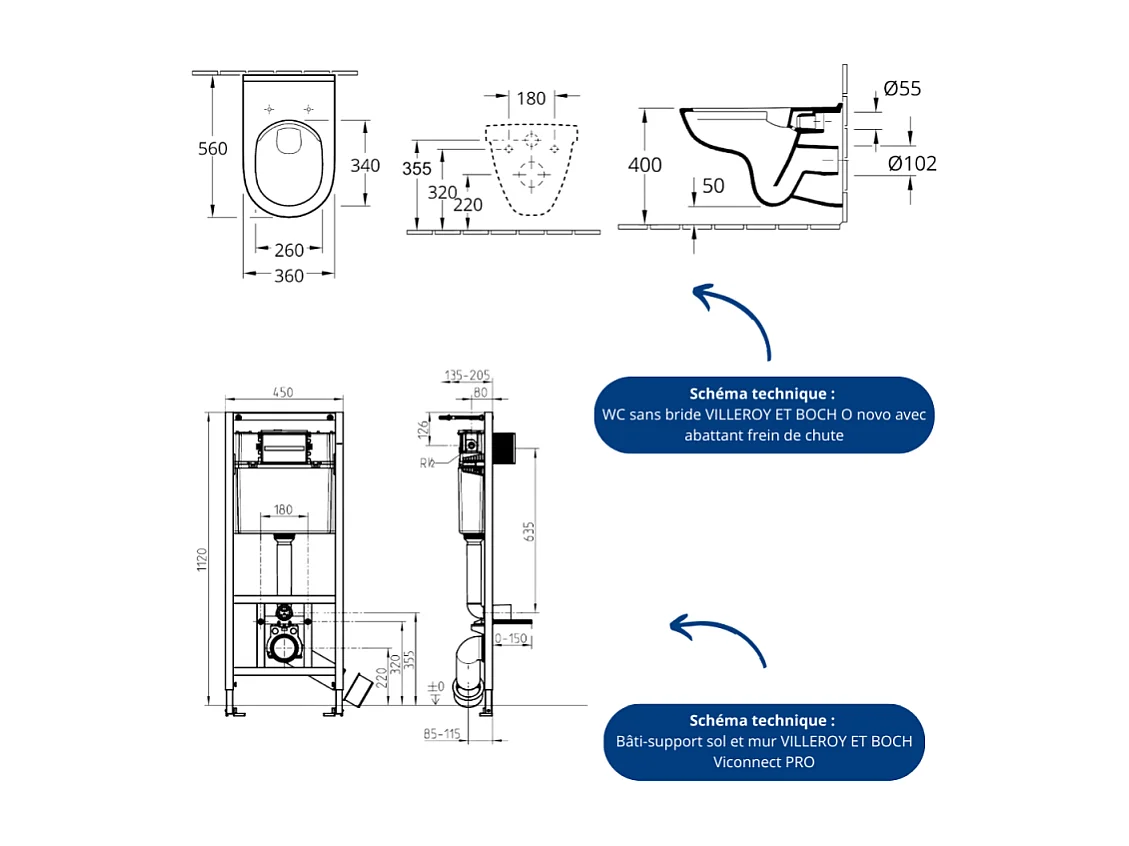 Pack WC sans bride VILLEROY ET BOCH O novo abattant frein de chute + bâti-support sol et mur Viconnect PRO + plaque Chromé mat