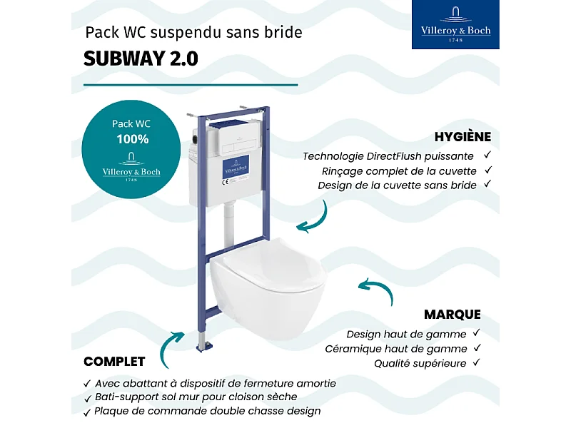 Pack WC sans bride VILLEROY ET BOCH Subway 2.0 avec abattant frein de chute + bâti Viconnect PRO + plaque blanche