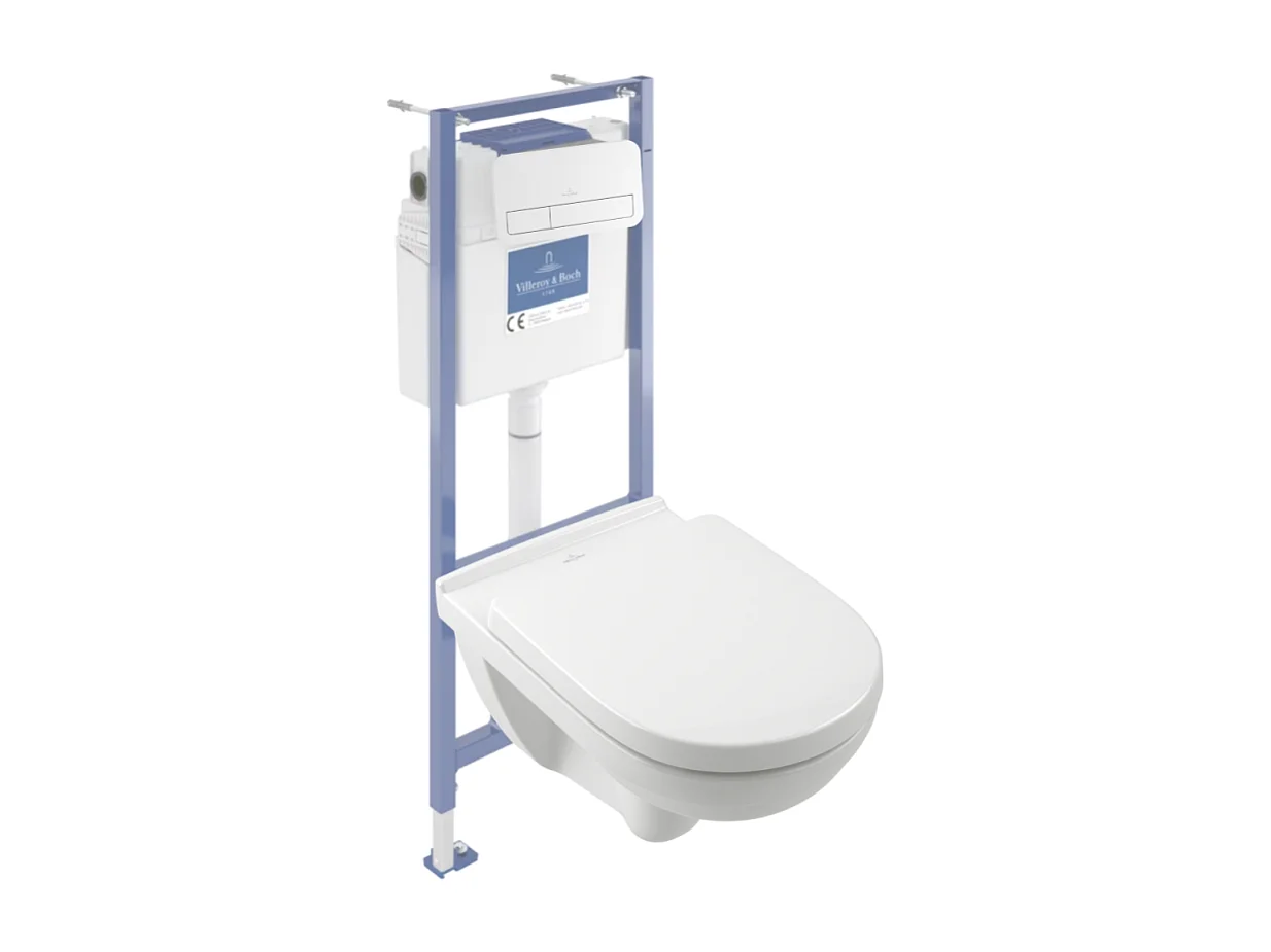 Pack WC sans bride VILLEROY ET BOCH O novo avec abattant frein de chute + bâti Viconnect PRO + plaque blanche