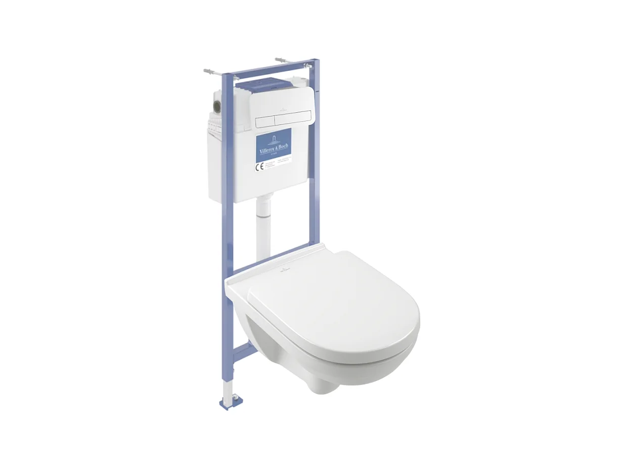 Pack WC sans bride VILLEROY ET BOCH O novo avec abattant frein de chute + bâti Viconnect PRO + plaque blanche