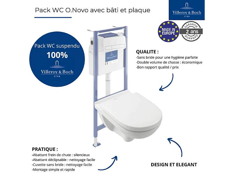 Pack WC sans bride VILLEROY ET BOCH O novo avec abattant frein de chute + bâti Viconnect PRO + plaque blanche