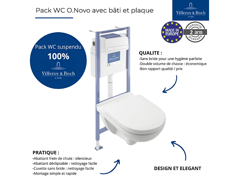 Pack WC sans bride VILLEROY ET BOCH O novo avec abattant frein de chute + bâti Viconnect PRO + plaque blanche