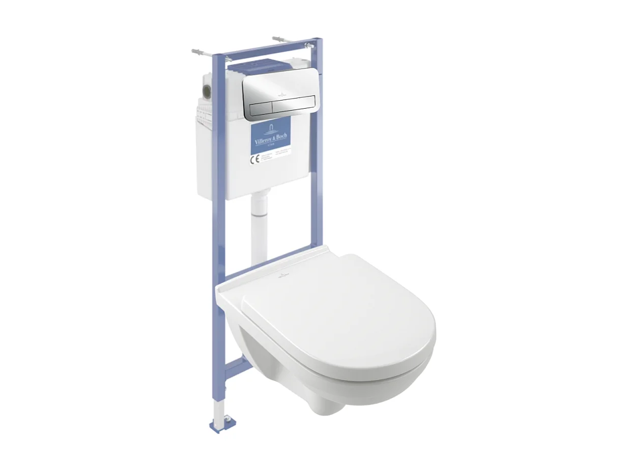 Pack WC sans bride VILLEROY ET BOCH O novo avec abattant frein de chute + bâti-support sol et mur Viconnect PRO + plaque Chromé