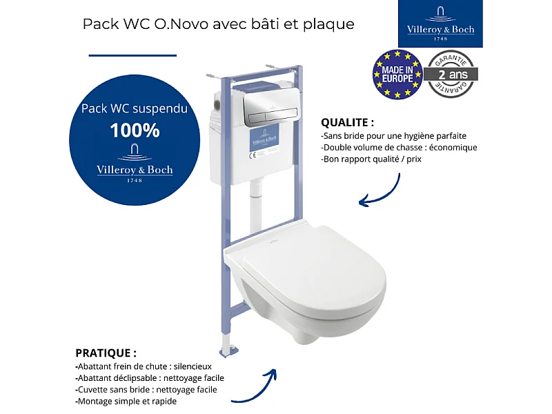 Pack WC sans bride VILLEROY ET BOCH O novo avec abattant frein de chute + bâti-support sol et mur Viconnect PRO + plaque Chromé