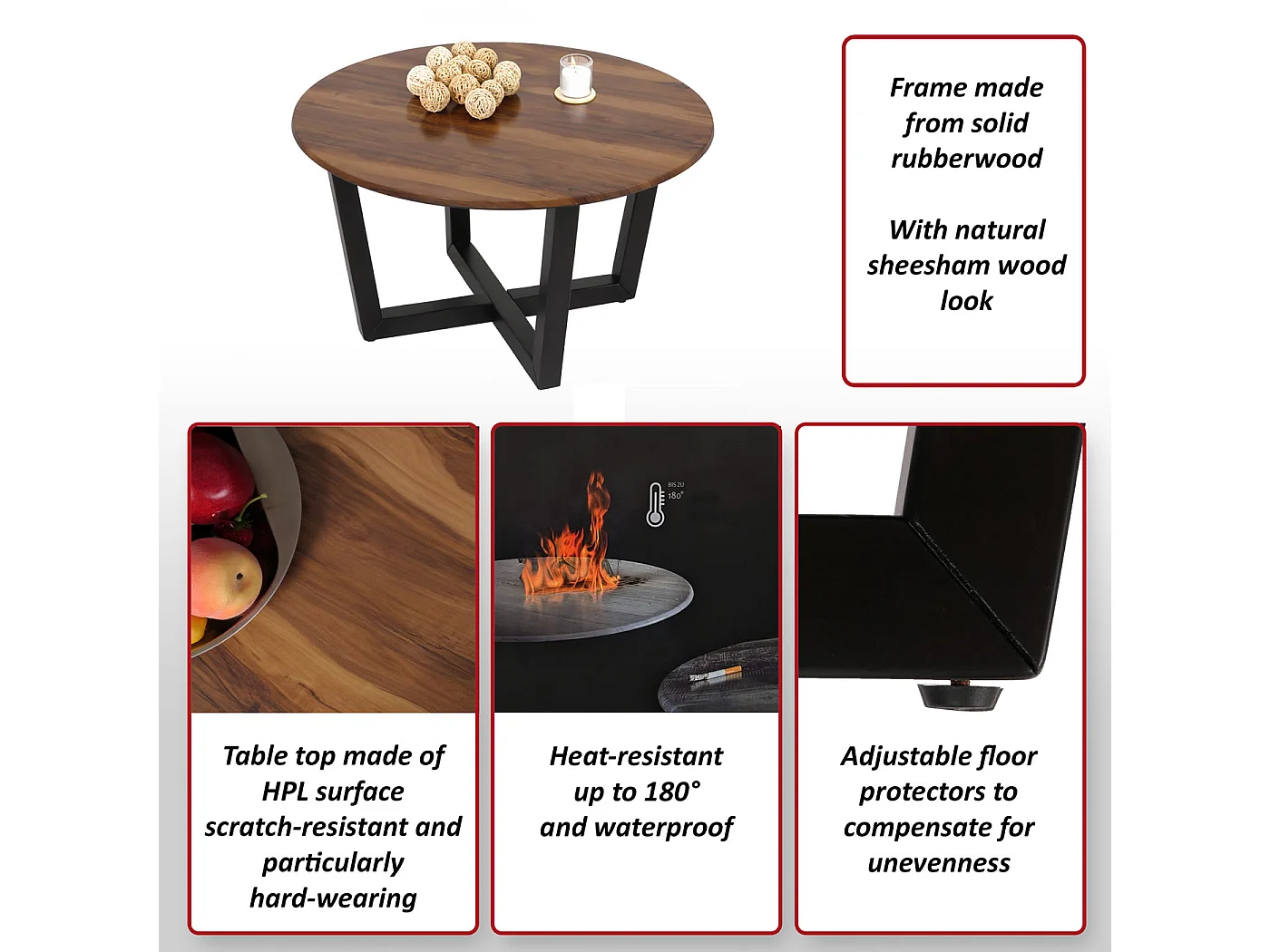 Couchtisch MCW-M61, Beistelltisch Sofatisch, Massiv-Holz HPL Laminat Melamin Ø80cm, Sheesham Holz-Optik, dunkles Gestell